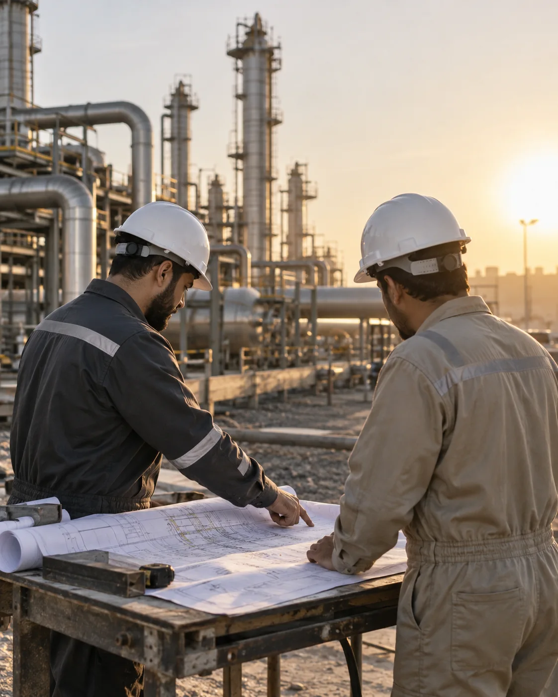 مهندسان يراجعان مخططاً في موقع صناعي
